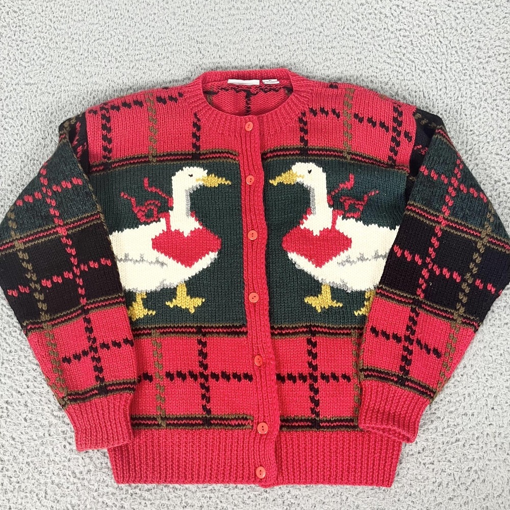 Vintage Nordstrom Sweater Womens XS Red Plaid Goose Wool Cardigan‎ Cottagecore